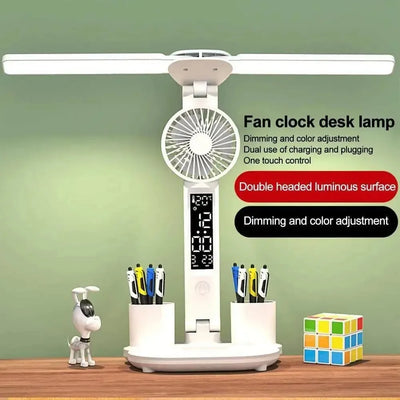 Rechargeable Table Lamp for Study Desk Lamp Reading Light Led Dual Head Table Light with Fan Led Clock Dispaly Reading Lamp