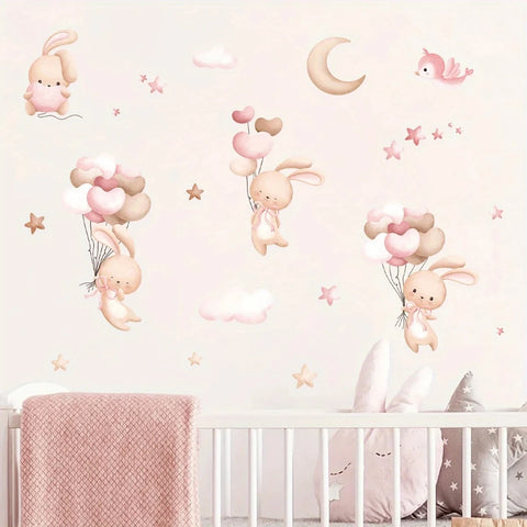 Cute Rabbit Balloon Wall Stickers for Girls Room Baby Nursery Kindergarten Background Wallpaper Wall Decals Bedroom Living Room