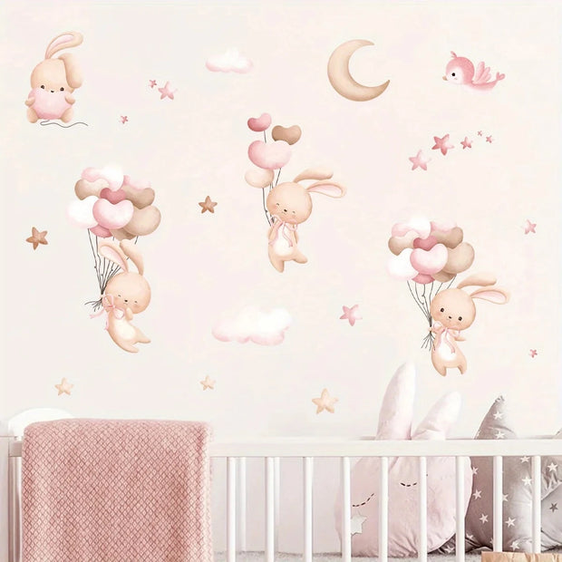 Cute Rabbit Balloon Wall Stickers for Girls Room Baby Nursery Kindergarten Background Wallpaper Wall Decals Bedroom Living Room