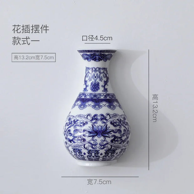 Ceramic vase, antique blue and white porcelain flower container, lucky bamboo, living room and home decoration, wall hanging