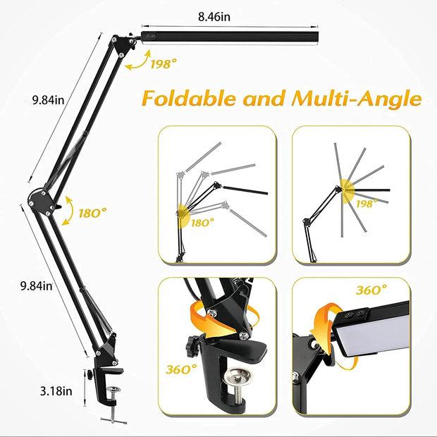 A  LED Desk Lamp,Adjustable Metal Swing Arm Desk Lamp with Clamp,Eye-Caring Architect Desk Light,3 Color Modes Function