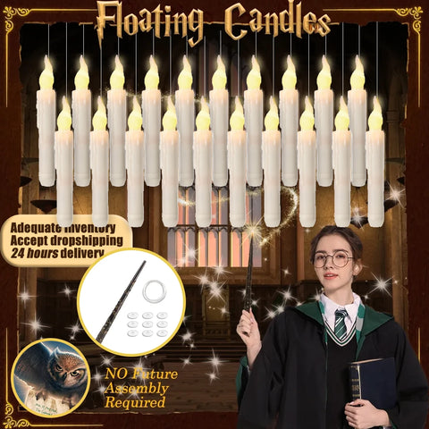 Halloween LED Floating Candles Magic Wand Remote Hanging Operated Potter Harries Battery Floating Candles Warm Light Decoration