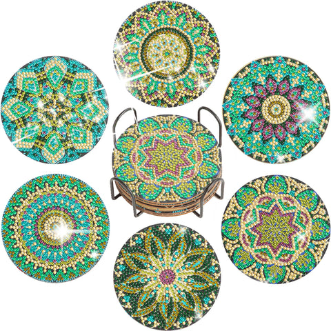 6pcs Diamond Painting Coasters With Holder Diy Green Mandala Coasters Diamond Painting Kits For Beginners Kids Birthday Gift