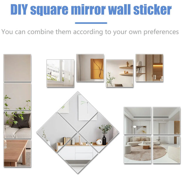 10PCS Mirror Tiles,12x12 Inch Flexible Mirror Sheet,Self Adhesive Self Cuttable Mirror Wall Stickers Non Glass Square Mirrors