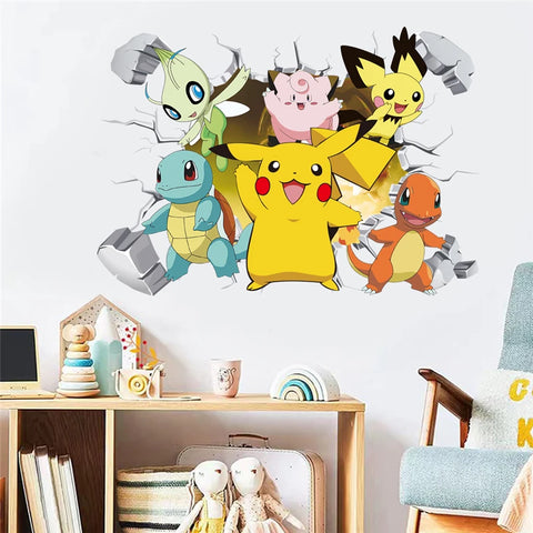 Cartoon Pikachu Wall Stickers For Kid's Rooms Kindergarten Living Room Bedroom DIY Wall Decoration Animated Poster Bedroom Decor