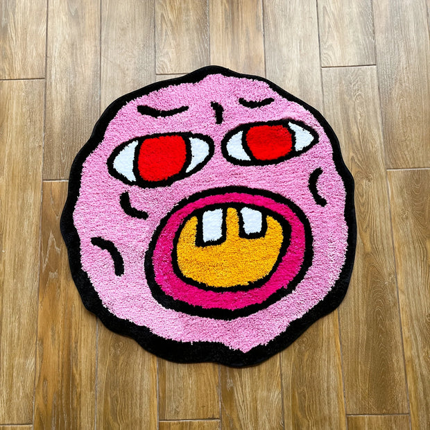 Cherry Bomb Pink Handmade Tufted Rug | Kawaii Room Decor | Small Bedroom Rug | Cartoon Circle Punch Needle Carpet