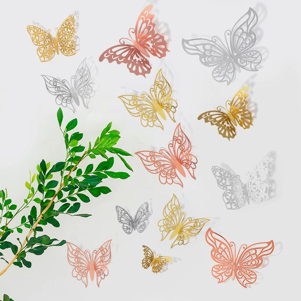 12pcs 3D Hollow Butterflies Wall Stickers on The Wall for Wedding Decoration Children Room Decor Living Room Kids Bedroom DIY