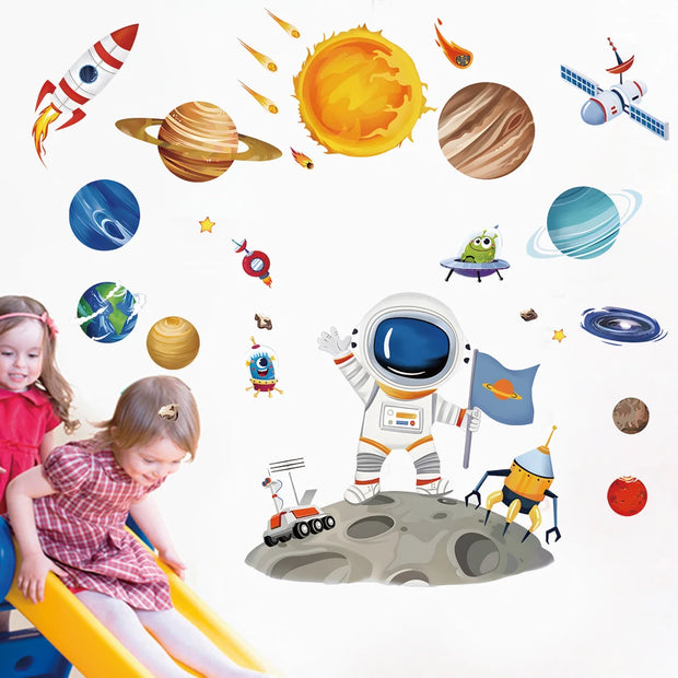 3D Creative Planetary Astronauts Wall Sticker Home Decor Cartoon Kids Room Bedroom Period Print Decal Mural Art Sky Poster Gift