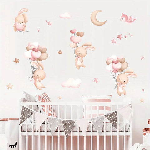 Cute Rabbit Balloon Wall Stickers for Girls Room Baby Nursery Kindergarten Background Wallpaper Wall Decals Bedroom Living Room