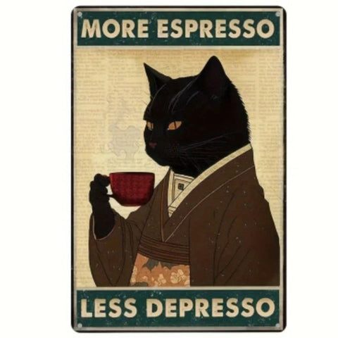 Retro Metal Tin Sign 5.5 X 8 In,More Espresso Less Depresso Poster Drinking Poster Coffee Lover Gift Funny Black Cat Wall Art