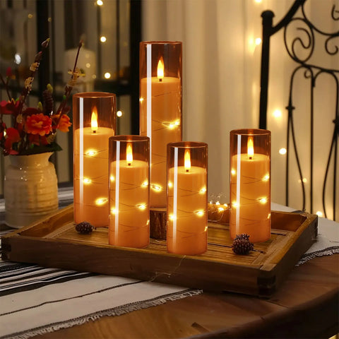 Set of 10/20 Flameless Candles w/ Embedded Star String LED Pillar Candle with Timer Remote Control For Home Indoor Wedding Decor