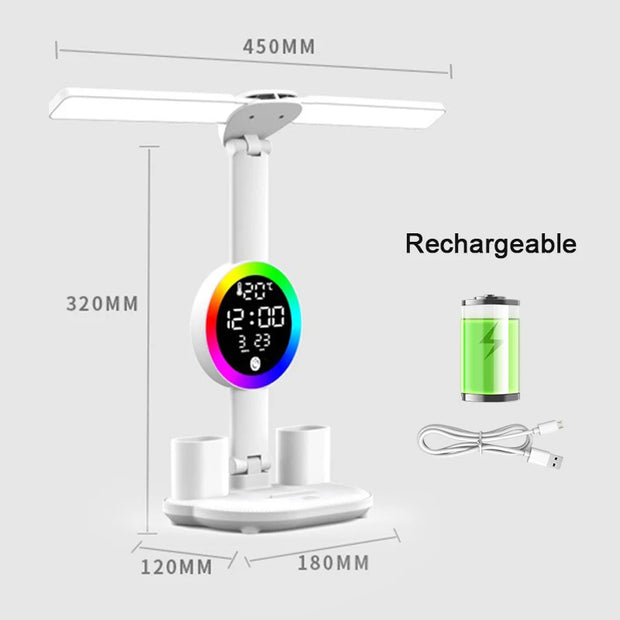 Rechargeable Led Table Lamp for Study Desk Lamp Reading Light Led Night Light with Fan Led Clock Dispaly Reading Desk Light