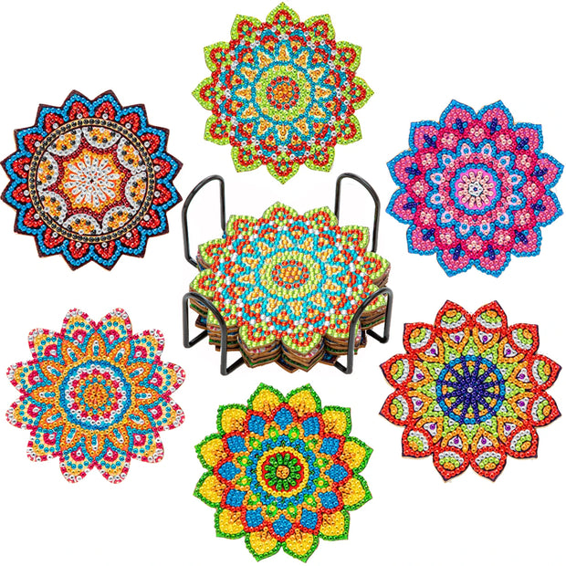 CHENISTORY 6 Pcs Diamond Painting Coasters with Holder, Mandala Diamond Art Coasters Diamond Small Painting Kits Art Craft