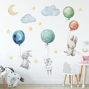 Cute Lovely Flying Rabbits Wall Stickers For Kids Balloons Moon Star Cloud Removable Decal Nursery Baby Room Decor Poster Mural