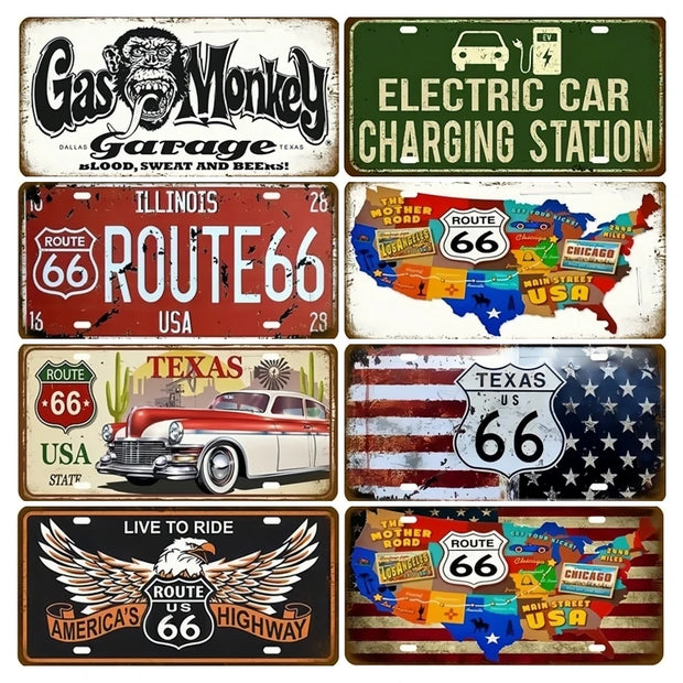 Garage Car Retro Route 66 Licenses Plate Metal Sign Posters On The Wall Tin Sign Vintage Poster Home Decor Art Decoration