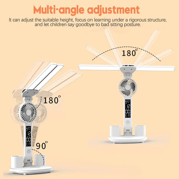 Rechargeable Table Lamp for Study Desk Lamp Reading Light Led Dual Head Table Light with Fan Led Clock Dispaly Reading Lamp