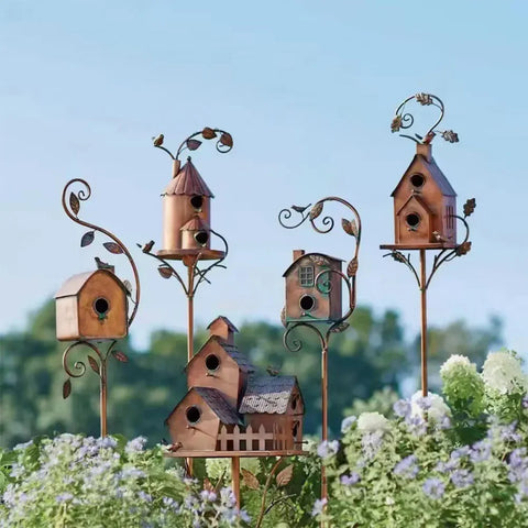 Birdhouse Garden Stakes Metal Bird House with Pole Iron Art Courtyard Bird Feeder Bird Houses for Outdoor Garden Yard Decoration