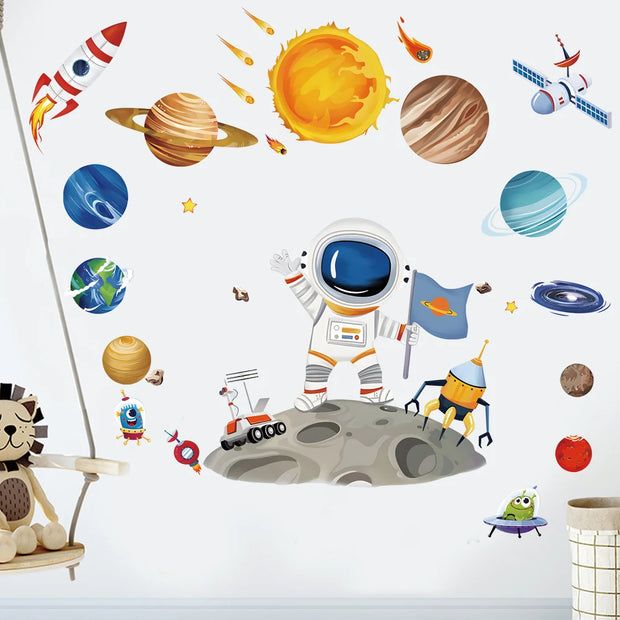 3D Creative Planetary Astronauts Wall Sticker Home Decor Cartoon Kids Room Bedroom Period Print Decal Mural Art Sky Poster Gift