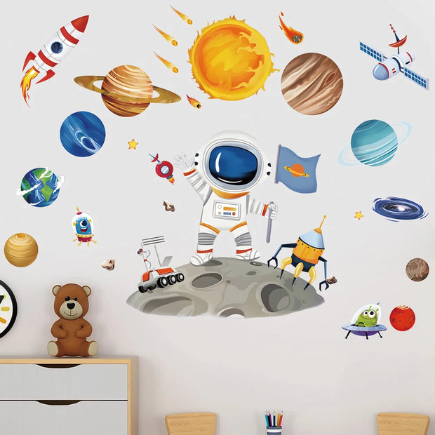 3D Creative Planetary Astronauts Wall Sticker Home Decor Cartoon Kids Room Bedroom Period Print Decal Mural Art Sky Poster Gift