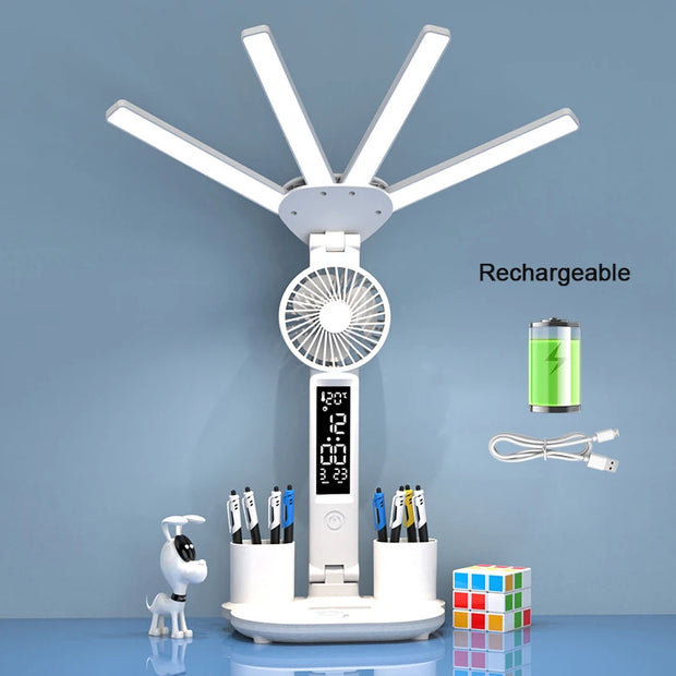 Rechargeable Table Lamp for Study, Desk Lamp Reading Light Led Table Light with Fan, Led Clock Dispaly Reading Lamp