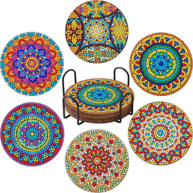 CHENISTORY 6 Pcs Diamond Painting Coasters with Holder, Mandala Diamond Art Coasters Diamond Small Painting Kits Art Craft