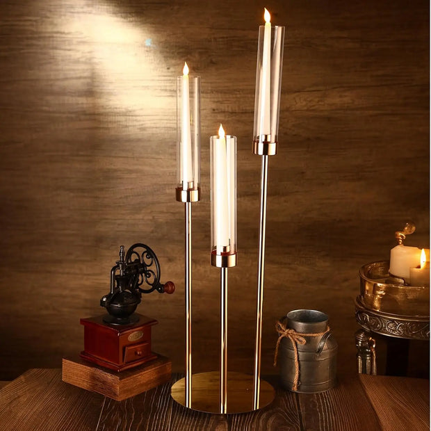 1 Set Acrylic Candelabra Centerpiece 30.7 Gold Candle Holder 3 Arm Pillar Taper Candlesticks with Acrylic   Fit 0.87 LED Candle