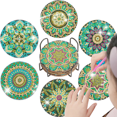 6pcs Diamond Painting Coasters With Holder Diy Green Mandala Coasters Diamond Painting Kits For Beginners Kids Birthday Gift