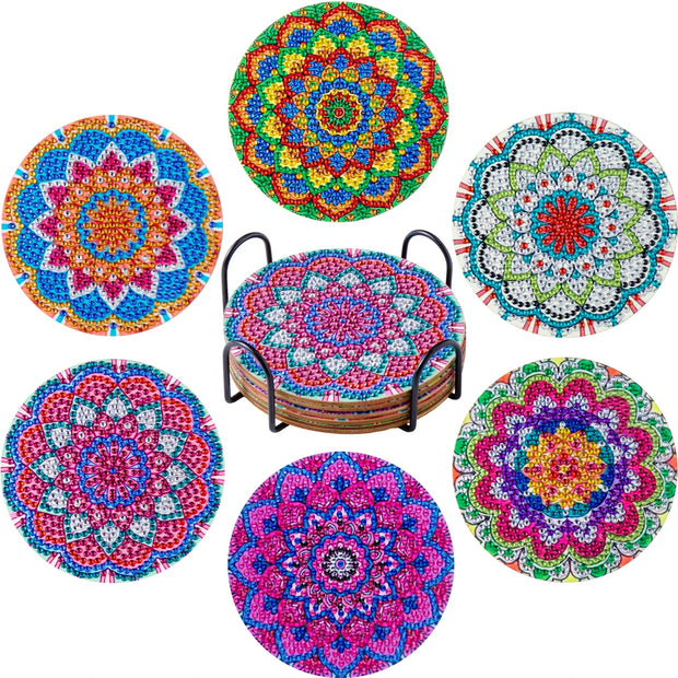 CHENISTORY 6 Pcs Diamond Painting Coasters with Holder, Mandala Diamond Art Coasters Diamond Small Painting Kits Art Craft