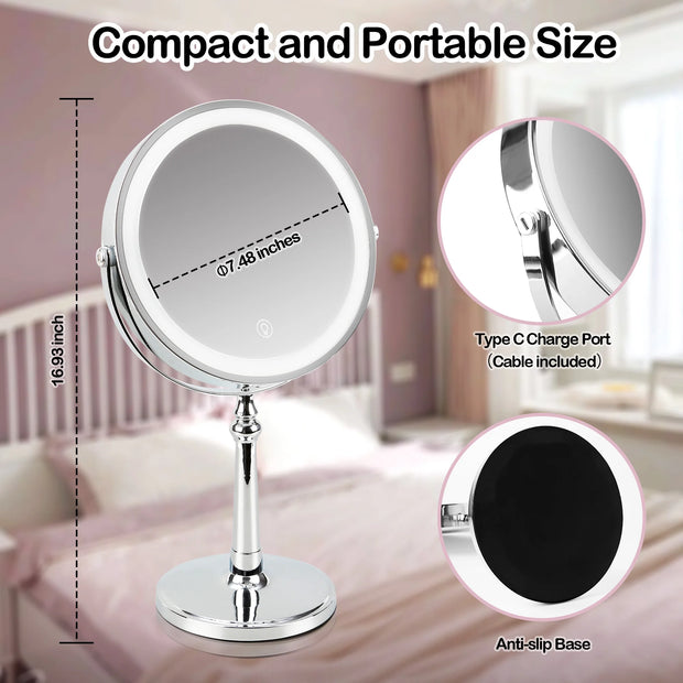 9 Inch Makeup Mirror With Light USB Charging 10X Magnifying Double Mirrors For Makeup 360 Degrees Table Standing Cosmetic Mirror