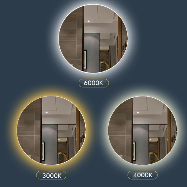 40/50/60CM Round Smart Hotel Bedroom Defogging Decorative Mirror LED Bathroom Mirror 3 Color Adjustable Backlight With