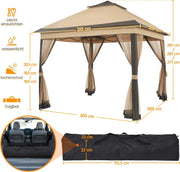 Gazebo 3.3x3.3m Waterproof Stable Pop Up Folding Gazebo, Adjustable Garden Gazebo with 4 Mosquito Net Side Panels & Double Roof