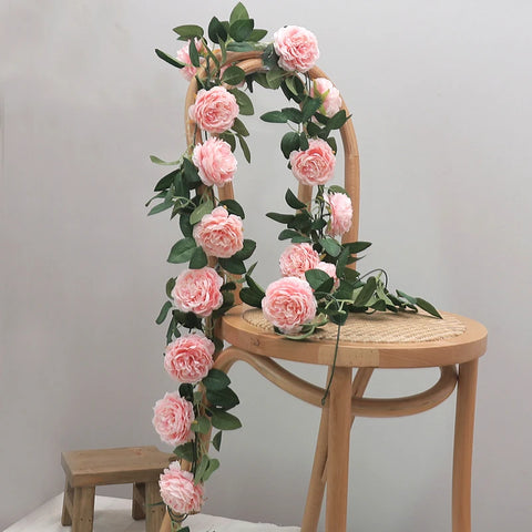 Pink Silk Peony Artificial Big Flowers Vines Wedding Party Wall Hanging Ivy Rattan Home Garden Decoration Garland Green Plants